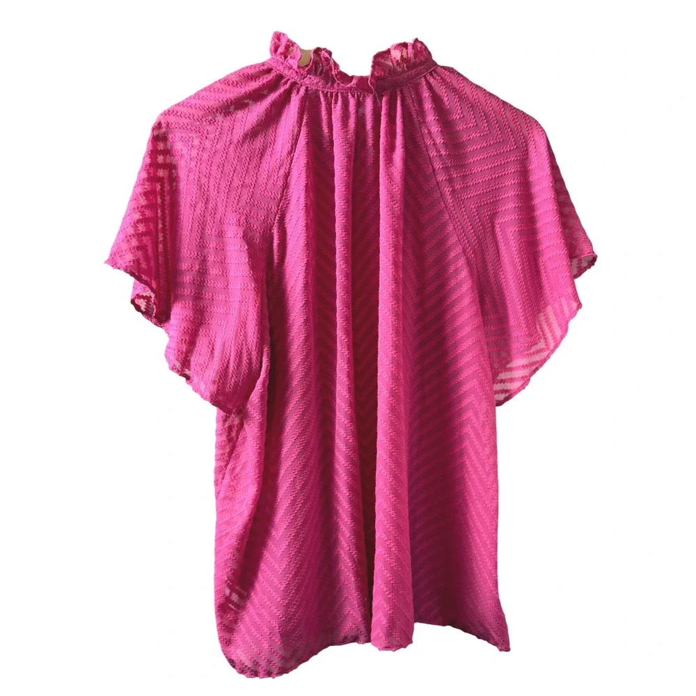 Liz Claiborne Fushia Chevron Ruffle Neck Flutter Sleeve Sheer Blouse XL - Picture 2 of 11